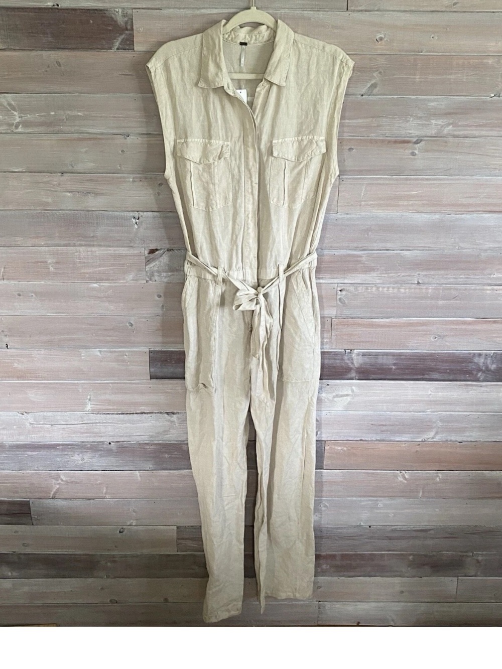 YFB XS Sleeveless Linen-Blend Utility Jumpsuit in Beige